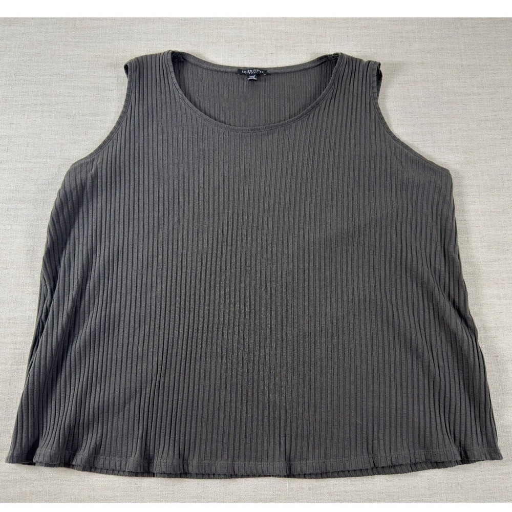 Eileen Fisher Woman Grey Ribbed Tank Top Tencel Lyocell Stretch Scoop Neck XL